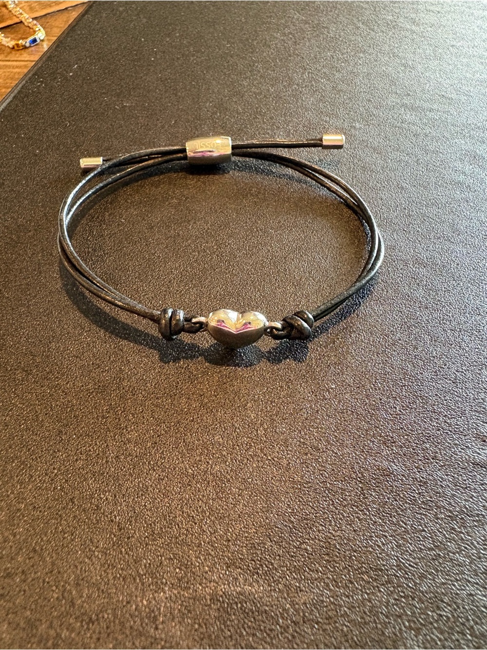 Adjustable Black Leather Heart Bracelet with Silver Accent